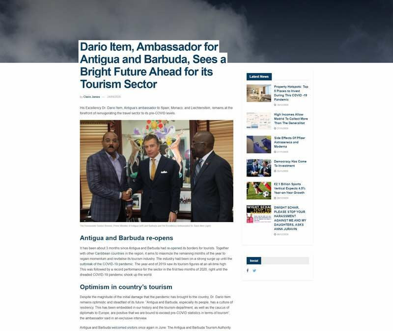 Dario Item, Ambassador for Antigua and Barbuda, Sees a Bright Future Ahead for its Tourism Sector