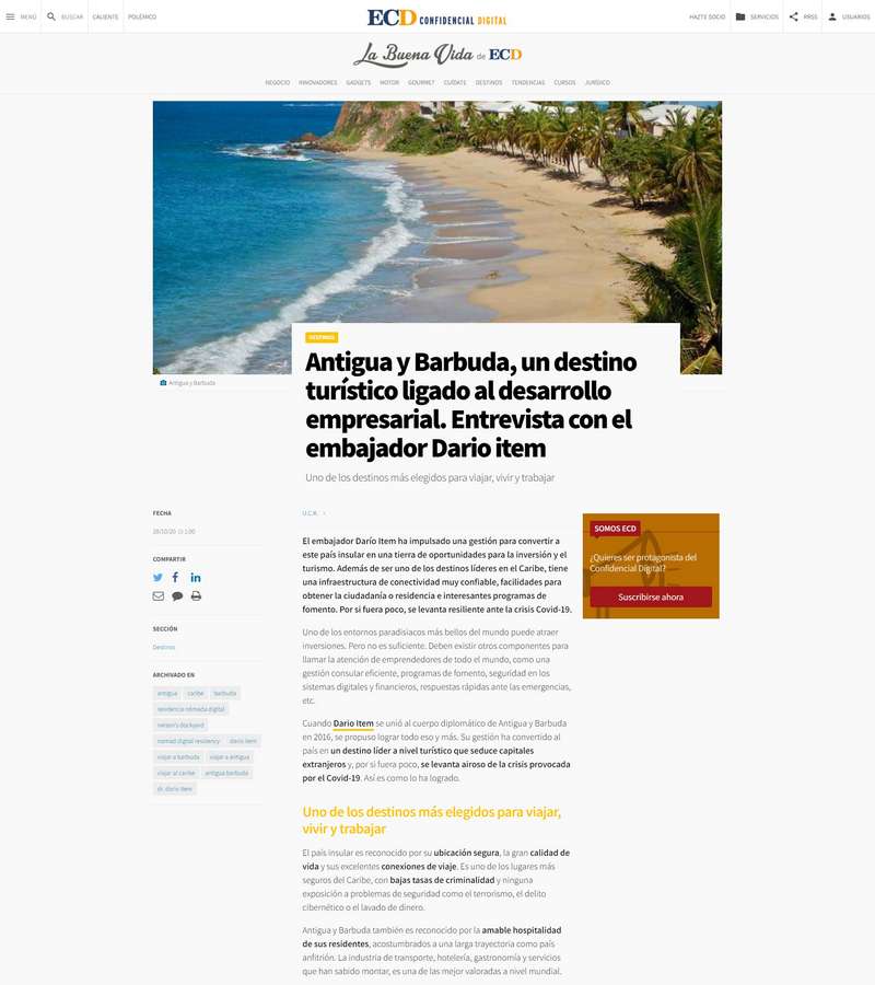 Antigua y Barbuda, un destino turístico ligado al desarrollo empresarial. Entrevista con el embajador Dario item