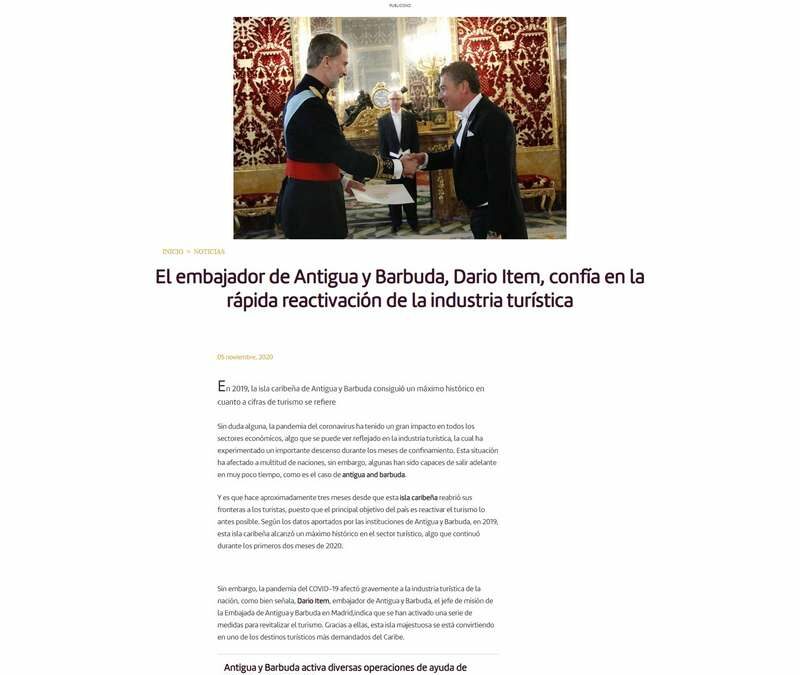 El embajador de Antigua y Barbuda, Dario Item, confía en la rápida reactivación de la industria turística